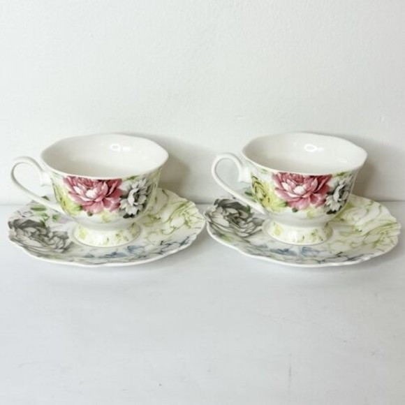 Pulchritudie Eileen's Peony set of 2 teacups &‎ saucers Pink Blue Green 3 in - Picture 1 of 15